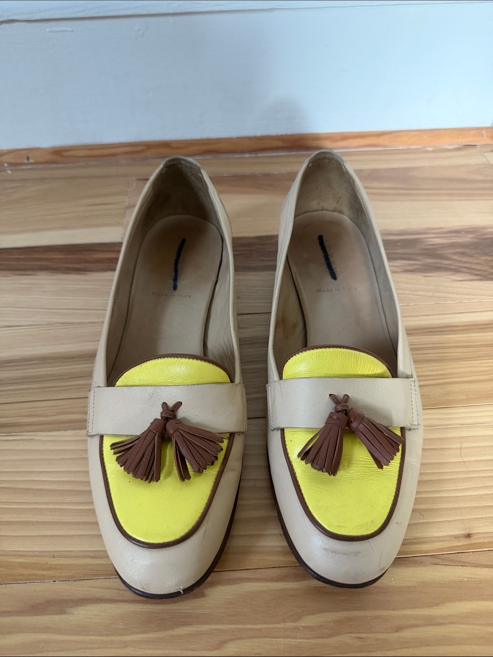 J. Crew Beige Leather Loafers with Yellow Vamp and Brown Tassels